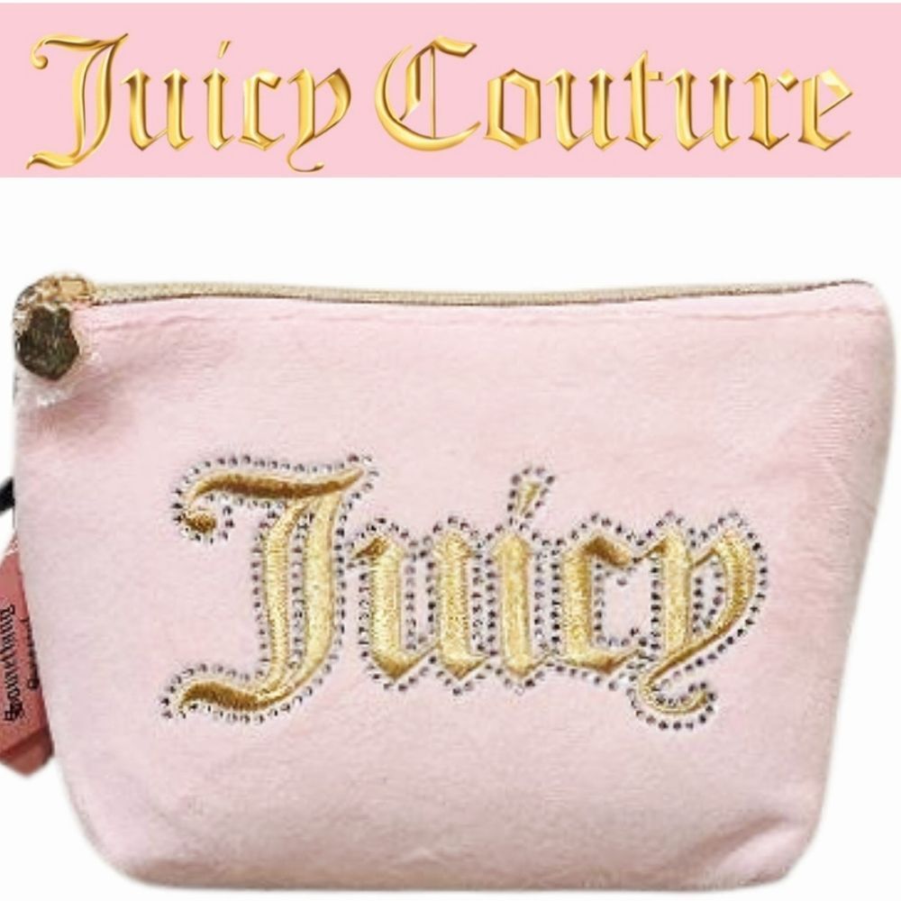 Juicy Couture Gold Signature Logo‎ Embossed Rhinestone Velour Cosmetic Pouch